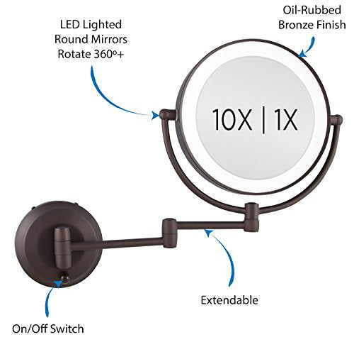 Cordless Dual LED Lighted Round Wall Mount Mirror 1X/10X, Oil Rubbed Bronze