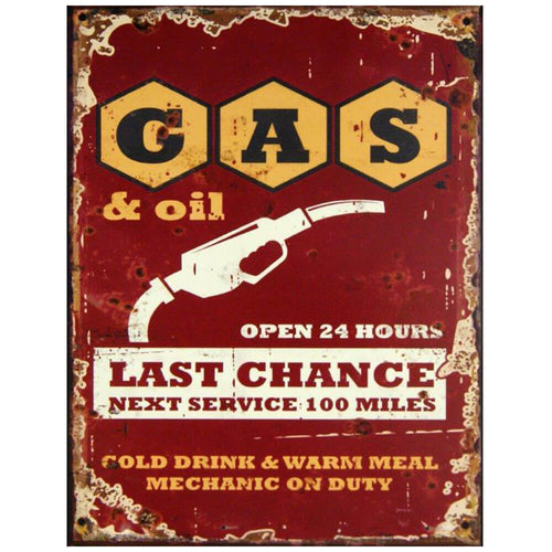 Last Chance Gas CUTOUT Metal shops Sign 24 x 33 Inches